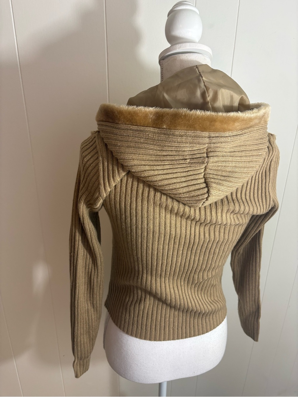 Vintage Say What? Women's Hooded Teddy Sweater Jacket in Tan - Picture 5 of 9